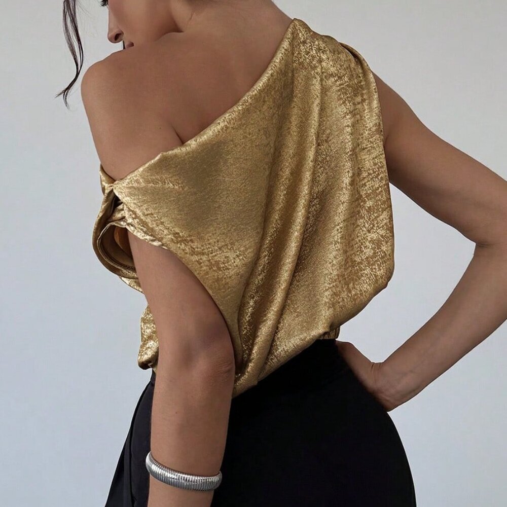 Gold Elegant Romantic Women's Asymmetric Off-Shoulder Blouse - Picture 2 of 7